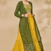 Green And Yellow Embroidered Jacket Style Palazzo Suit