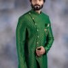 Green Art Silk Jacquard Classic Sherwani Wedding Wear