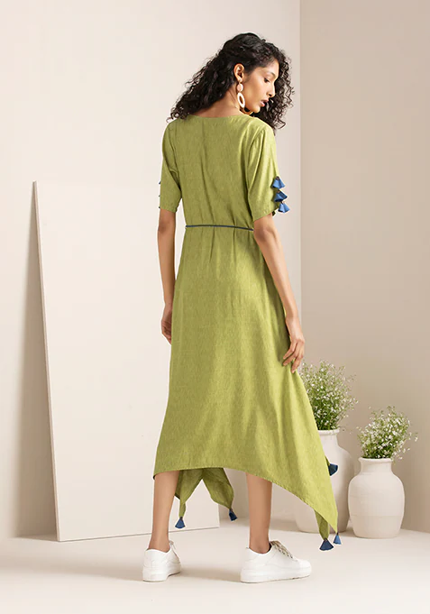 Green Belted Tasselled High Low Dress