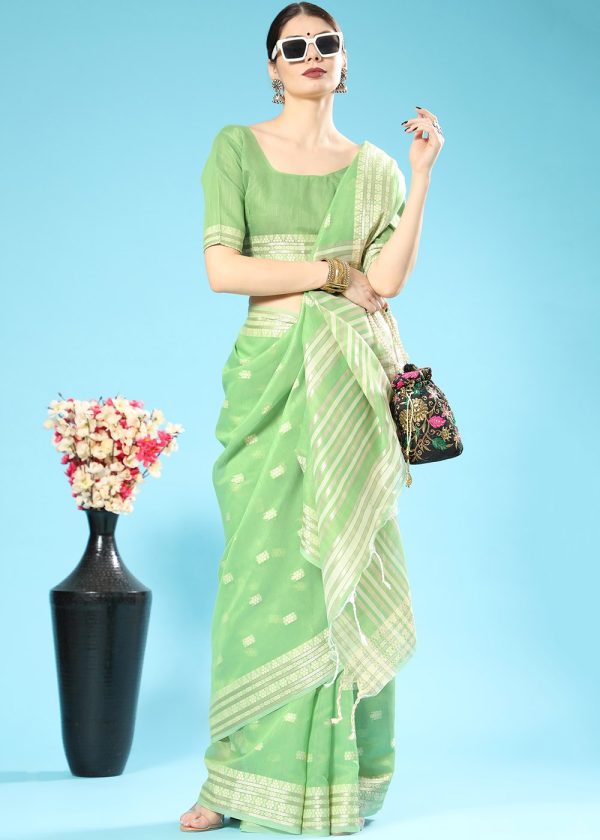 Green Cotton Saree In Woven Work 1