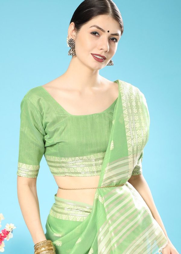 Green Cotton Saree In Woven Work 1