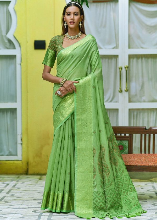 Green Cotton Saree In Zari Woven 1