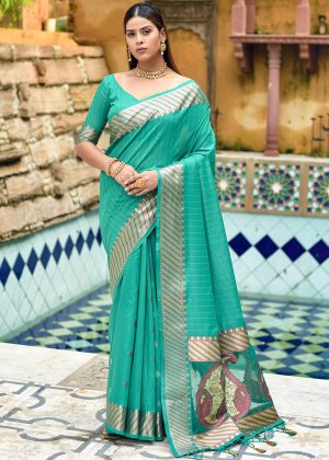 Green Cotton Silk Saree With Woven Border 1