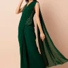 Green Embroidered Peplum Pre-Stitched Saree with Attached Blouse