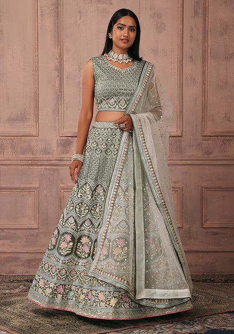 Green Floral Thread Embroidered Lehenga Set With Blouse And Dupatta