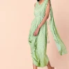Green Foil Belted Jumpsuit with Attached Dupatta
