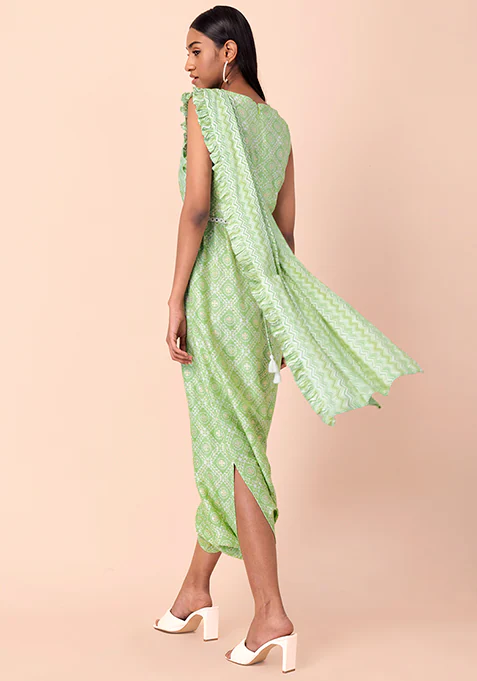 Green Foil Belted Jumpsuit with Attached Dupatta