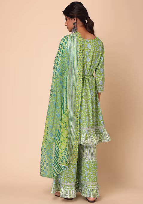 Green Ikat Print Cotton Anarkali Kurta With Sharara And Dupatta (Set of 3)