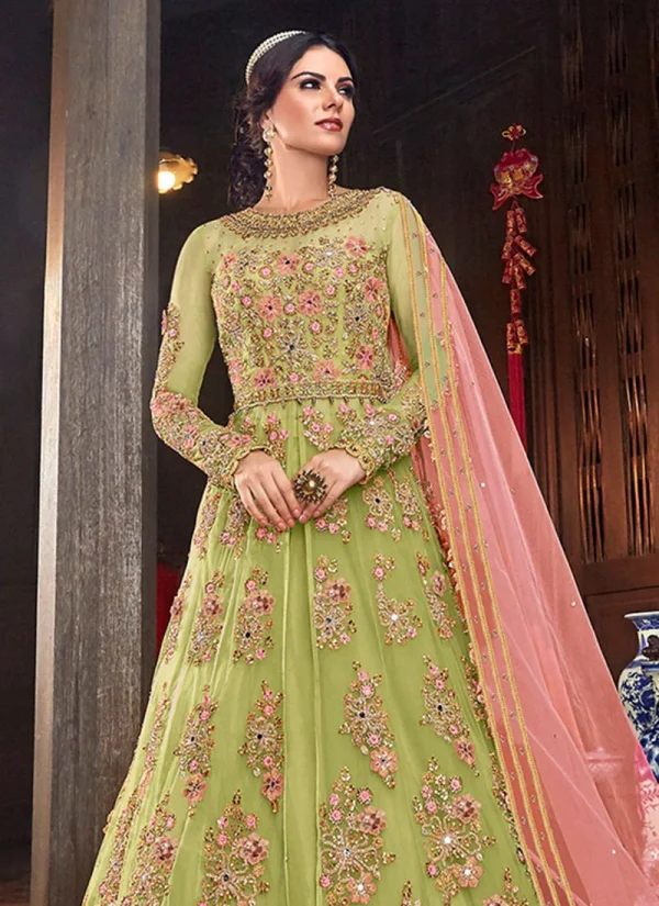 Green Net Anarkali A Line Lehenga Wedding Wear