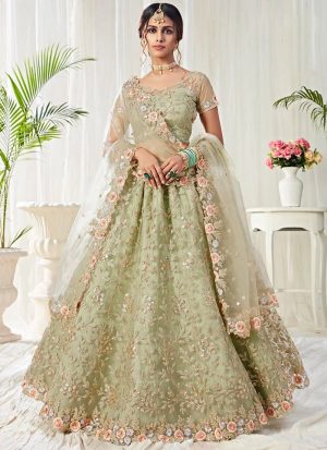 Green Net Embroidered A Line Lehenga Wedding Wear