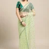 Green Net Embroidery Mirror Work Saree Party Wear