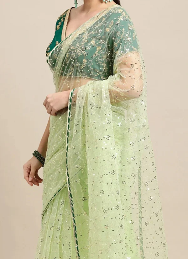 Green Net Embroidery Mirror Work Saree Party Wear