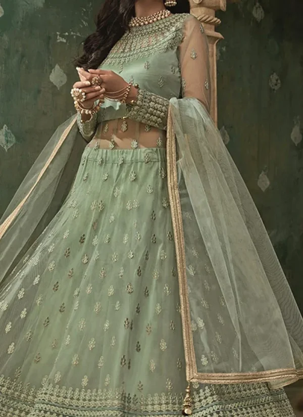 Green Net Long Choli A Line Lehenga Wedding Wear