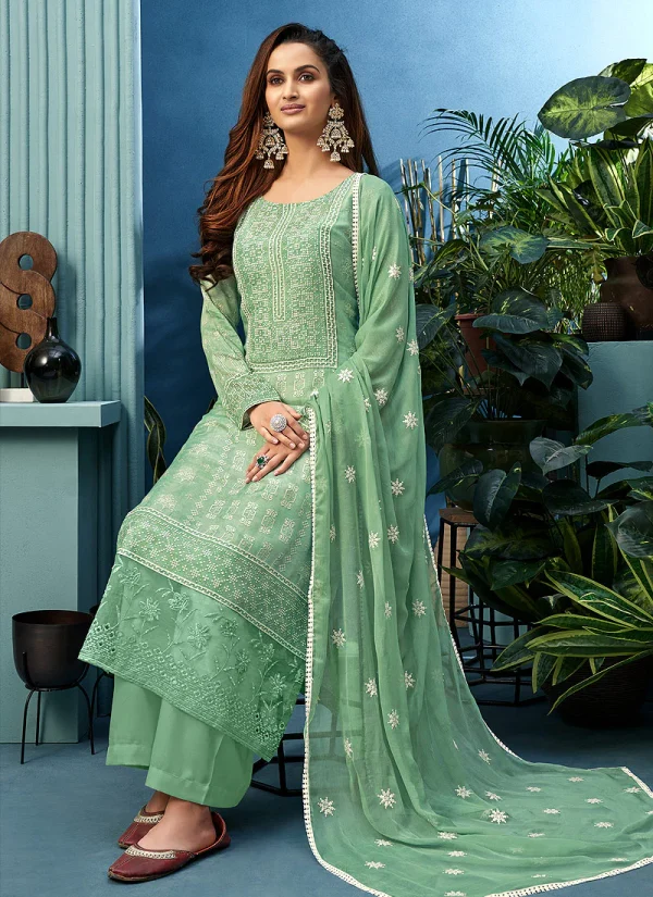 Green Pearl Embroidered Palazzo Suit
