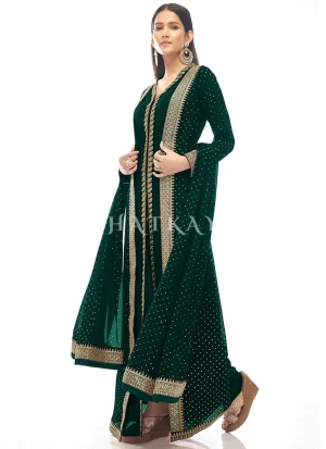 Dark Green Embroidered Jacket Style Pant Suit