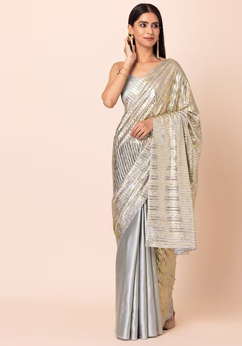 Grey And Gold Satin Saree With Unstitched Blouse