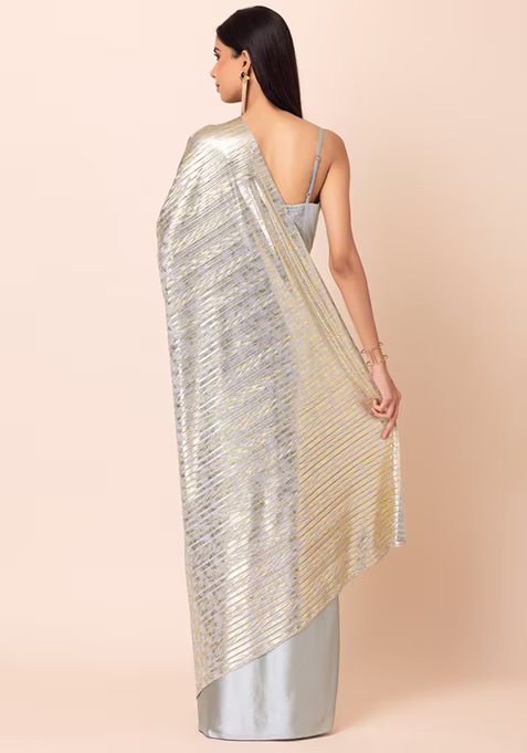 Grey And Gold Satin Saree With Unstitched Blouse
