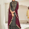 Grey And Wine Embroidered Gharara Style Suit