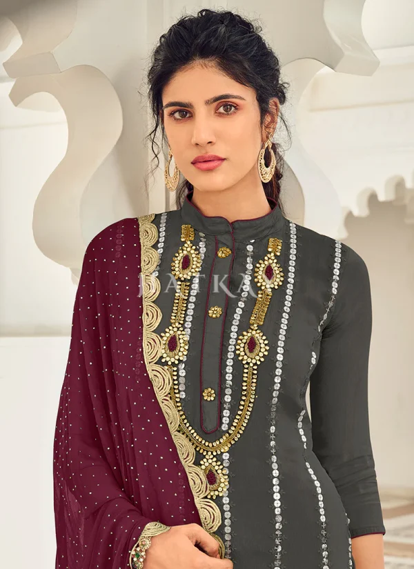 Grey And Wine Embroidered Gharara Style Suit