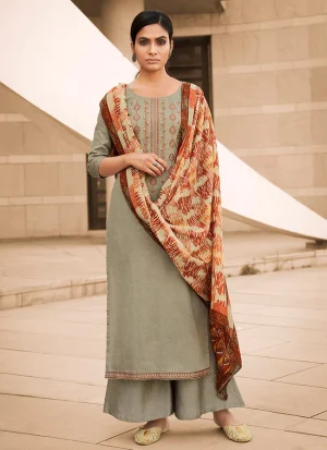 Grey Embroidered Cotton Palazzo Suit
