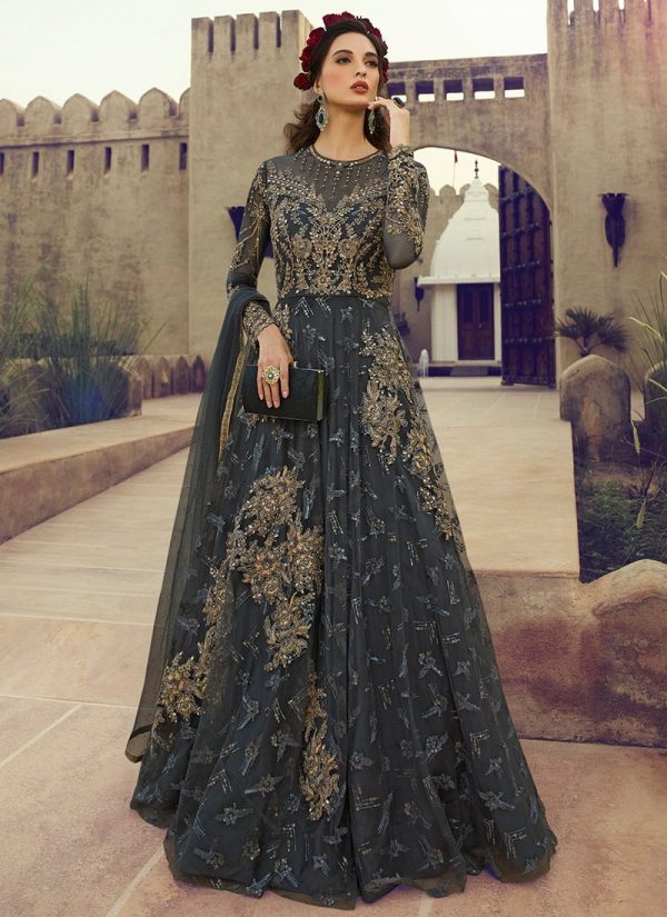 Grey Embroidered Net Anarkali Suit Party Wear
