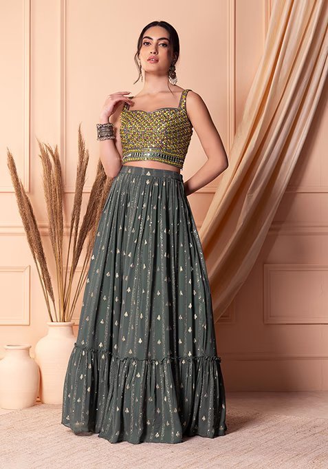 Grey Jacquard Tiered Lehenga Set With Embroidered Blouse And Dupatta