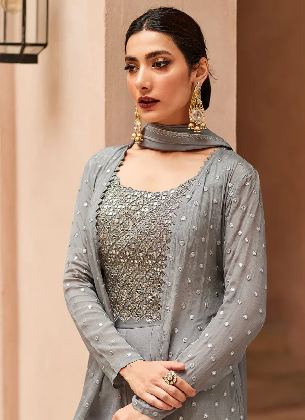 Grey Mirror Work Embroidered Jacket Style Palazzo Suit