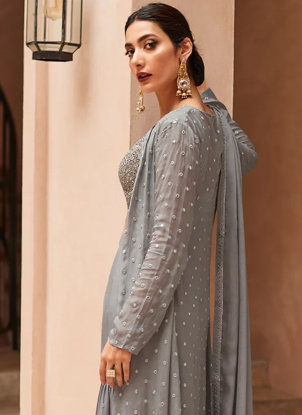 Grey Mirror Work Embroidered Jacket Style Palazzo Suit