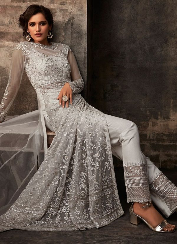 Grey Net Anarkali Abya Style Suit Wedding Wear