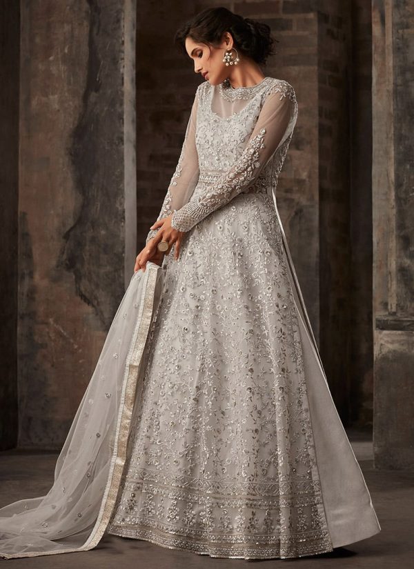Grey Net Long Choli A Line Lehenga Wedding Wear