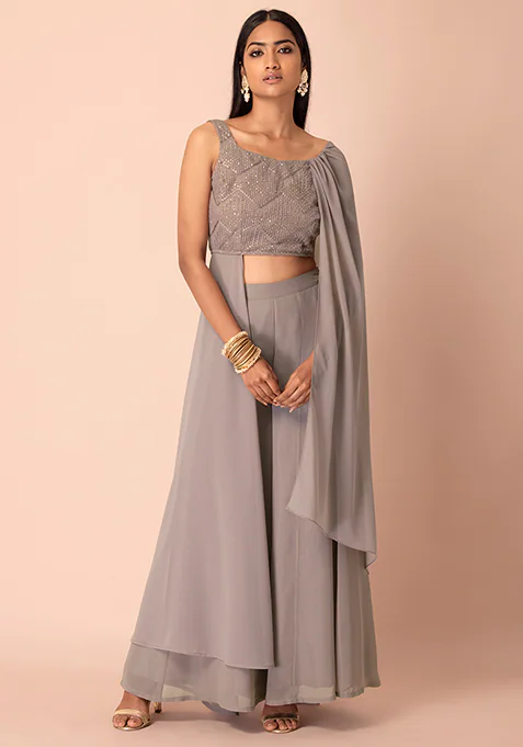 Grey Sequin Blouse with Attached Dupatta