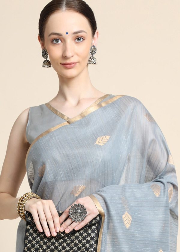 Grey Traditional Cotton Saree With Zari Woven Motifs