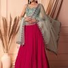 Hot Pink Embroidered Tiered Lehenga Set With Contrast Blouse And Dupatta