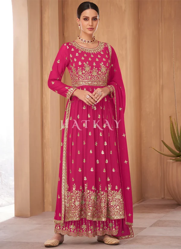 Hot Pink Georgette Embroidered Wedding Palazzo Suit