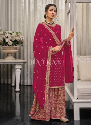 Hot Pink Multi Embroidered Traditional Palazzo Suit