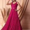 Hot Pink Sequin Embroidered Tiered Anarkali Gown