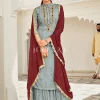 Ice Blue And Maroon Embroidered Gharara Style Suit