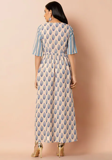 Ivory Blue Cotton Printed Maxi Kurta with Patch Pockets