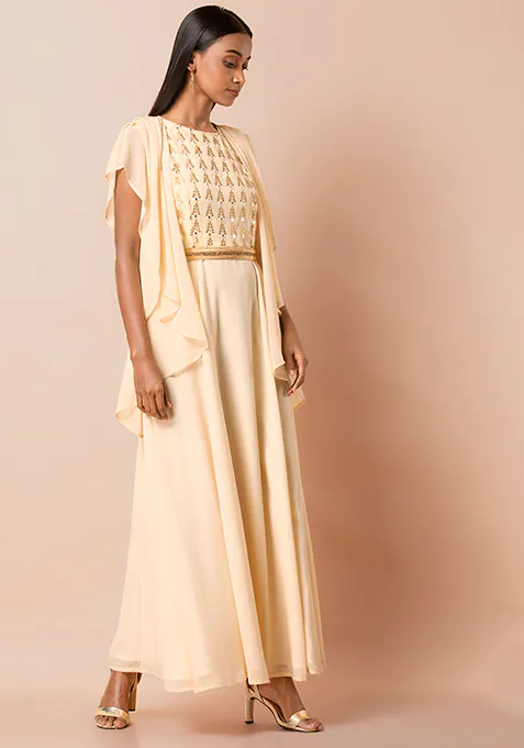 Ivory Embroidered Maxi Kurta with Attached Belted Jacket