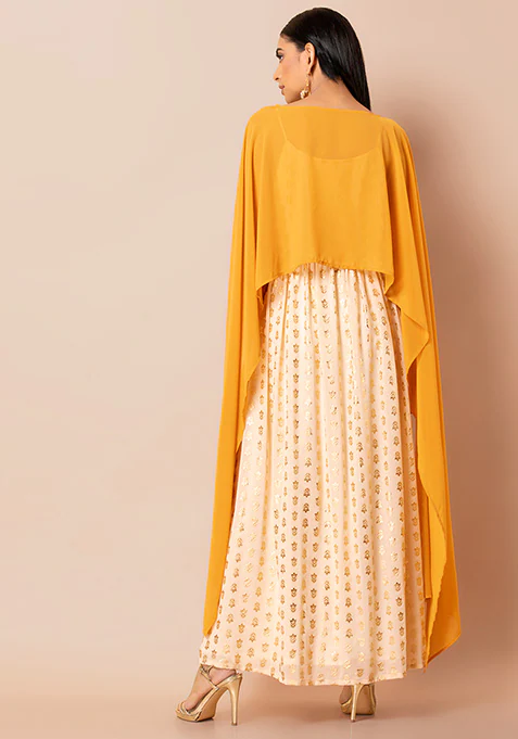 Ivory Foil Strappy Kurta with Attached Mustard Dupatta