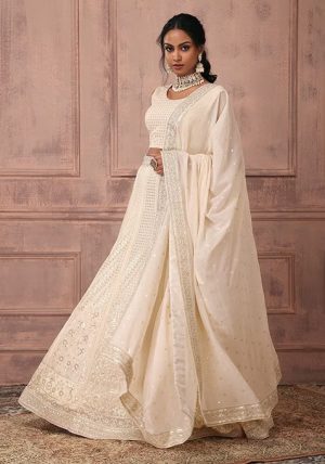 Ivory Sequin Embroidered Lehenga Set With Stitched Blouse And Dupatta