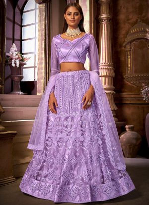 Lavender Net Embroidered N Sequins Umbrella Lehenga Wedding Wear