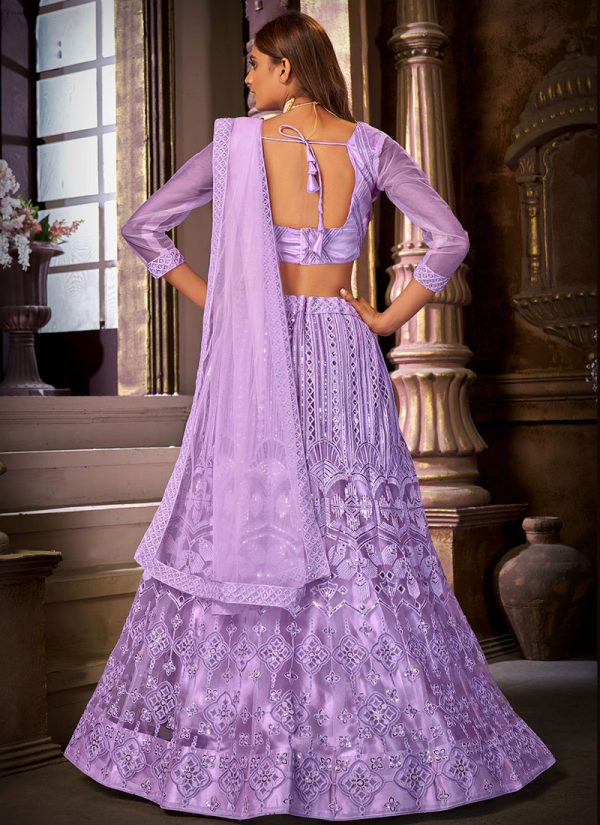 Lavender Net Embroidered N Sequins Umbrella Lehenga Wedding Wear
