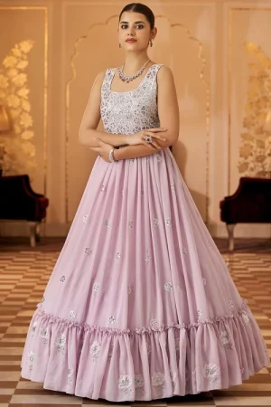 Lavender Pink Georgette Embroidered Gown 1