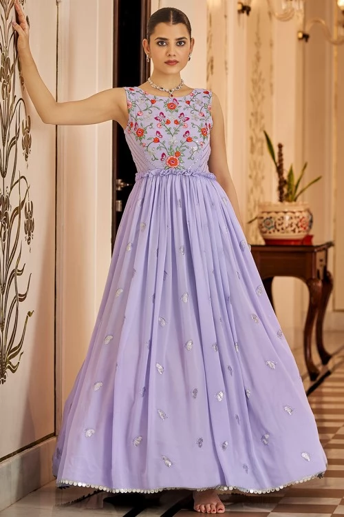 Lavender Purple Georgette Embroidered Gown 1