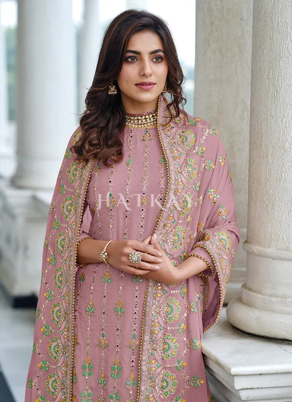 Lavender Traditional Multi Embroidered Palazzo Suit