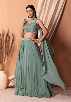 Light Blue Embroidered Lehenga Set With Strappy Blouse And Dupatta