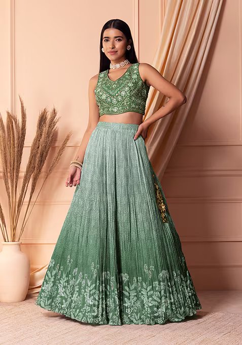 Light Green Ombre Lehenga Set With Blouse And Dupatta And Belt