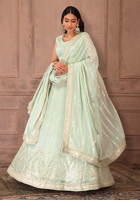 Light Green Sequin Embroidered Lehenga Set With Strappy Blouse And Dupatta