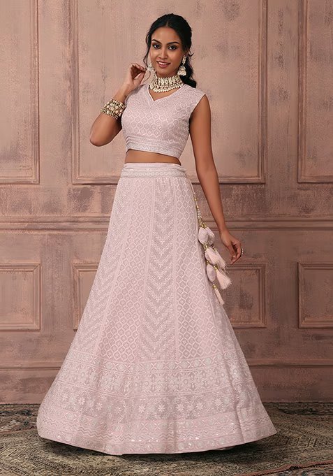 Light Pink Thread Embroidered Lehenga Set With Blouse And Dupatta